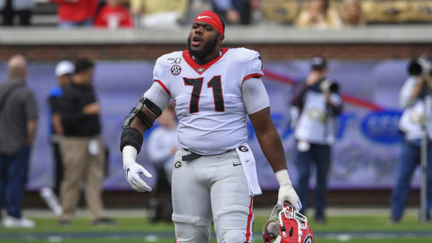Nov 30, 2019; Atlanta, GA, USA; Georgia Bulldogs offensive lineman Andrew Thomas (71) prior to the game against the Georgia Tech Yellow Jackets at Bobby Dodd Stadium.